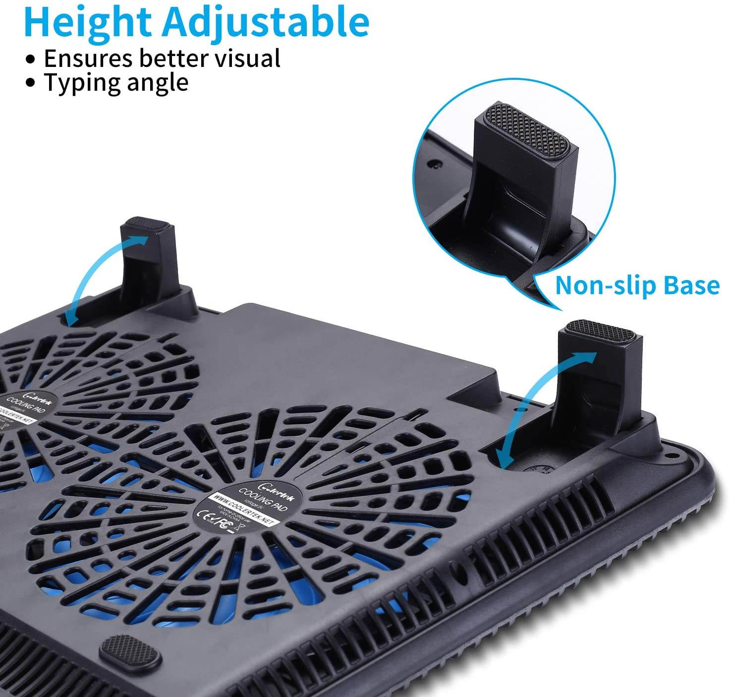 Laptop Cooling Pad, Coolertek USB Powered Laptop Cooler, 2 Blue Silent Big Fans, Height Adjustable Non-Slip Laptop Stand with Dual USB 2.0 Ports, Fits 11-17Inch Notebook - Gray (N2)