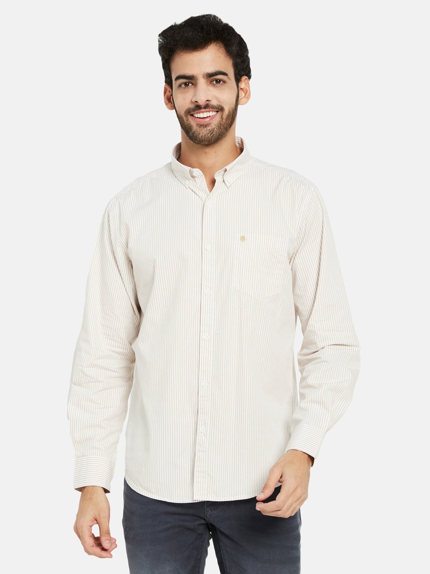 METTLE Cream Regular Fit Striped Shirt