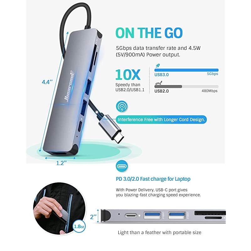 USB C Hub Mackbook Pro Adapter USB C 7 in 1 USB C to HDMI Adapter Compatible for USB C Laptops Nintendo and Other Type C Devices4K HDMI USB30 SDTF Card Reader 100W PD