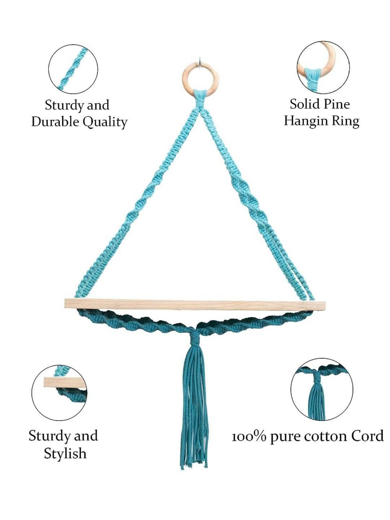 Homesake Blue Wood Triangle Macrame Wall Hanging Shelf