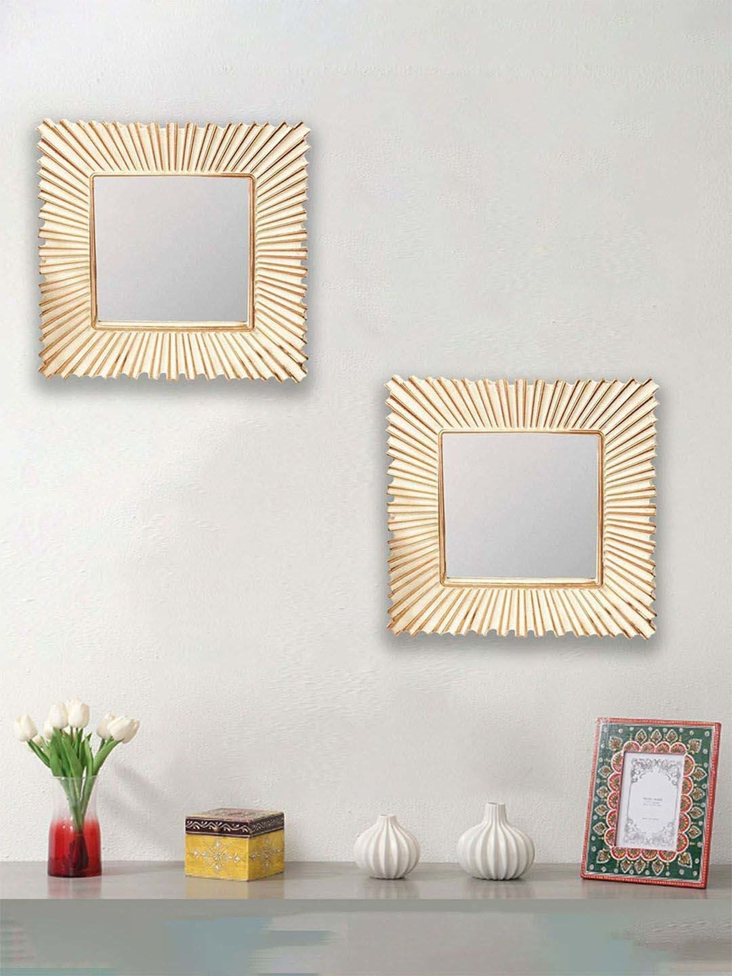 Art Street Gold Plastic Decorative Square Shepe Wall Mirror - Set of 2