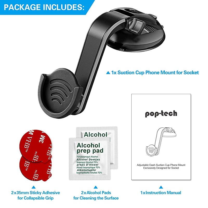 Suction Cup Phone Holder for Socket Users,  Dashboard Car Phone Mount for Collapsible Grip with Adjustable 360&deg;Rotation, Includes 3M Sticky Adhesive Replacement for Expanding Stand - Black