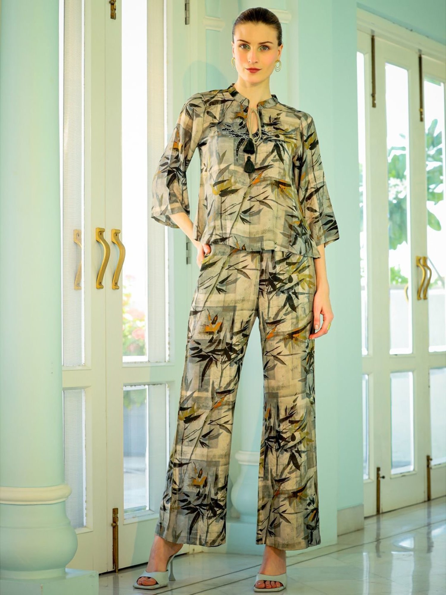 Zolo Label Green Printed Top Pant Set