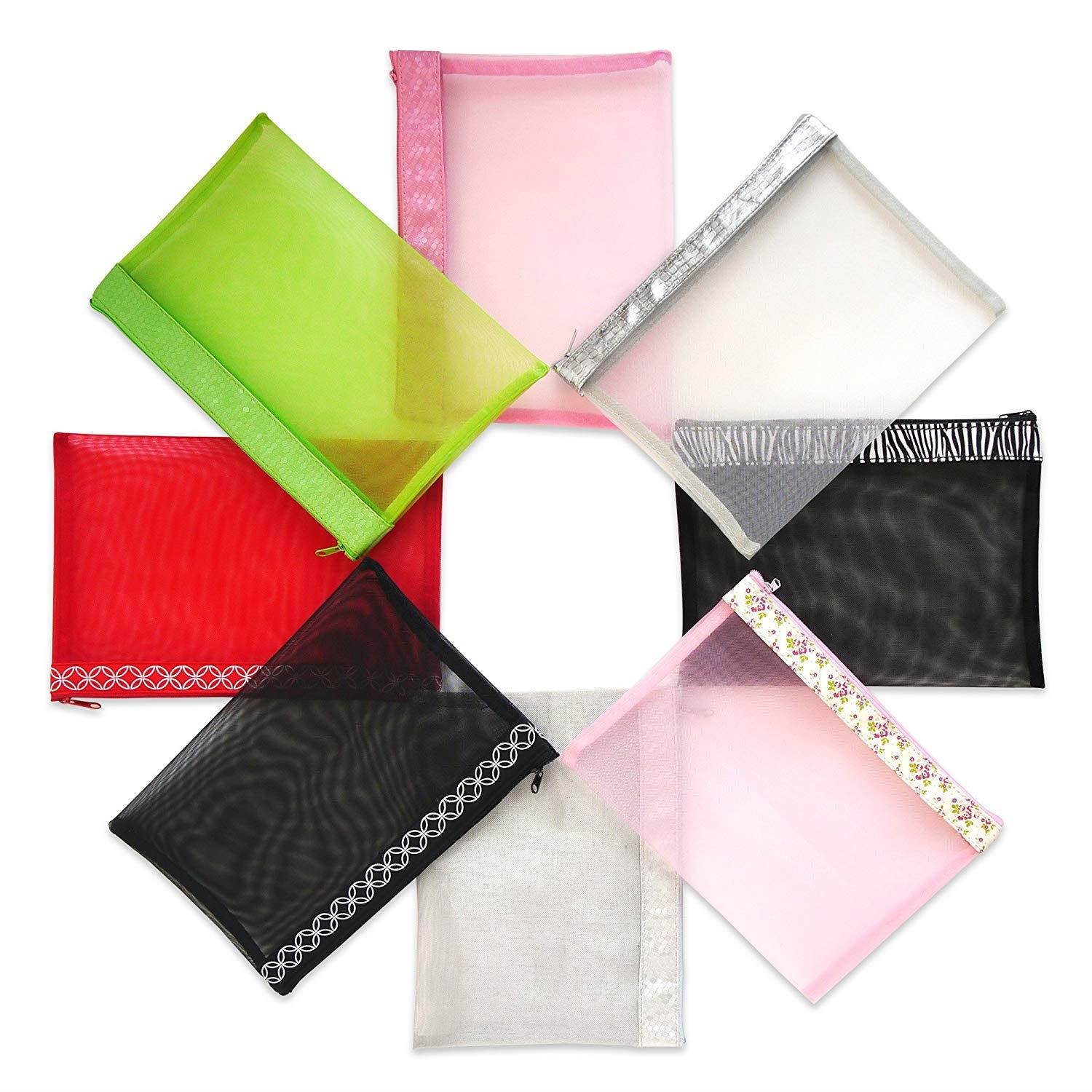 Multi Purpose 4 Piece Mesh Bag Set for Travel, Office Supplies, Cosmetic, Paper, Bill and Credit Card Bag (Pink)