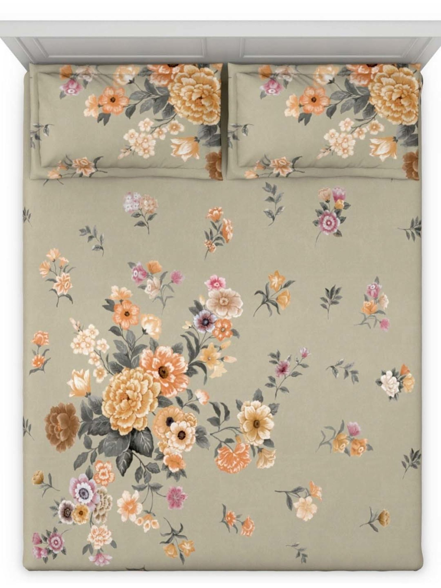 DDecor Floral Orange 150 TC Cotton King Bedsheet with 2 Pillow Covers