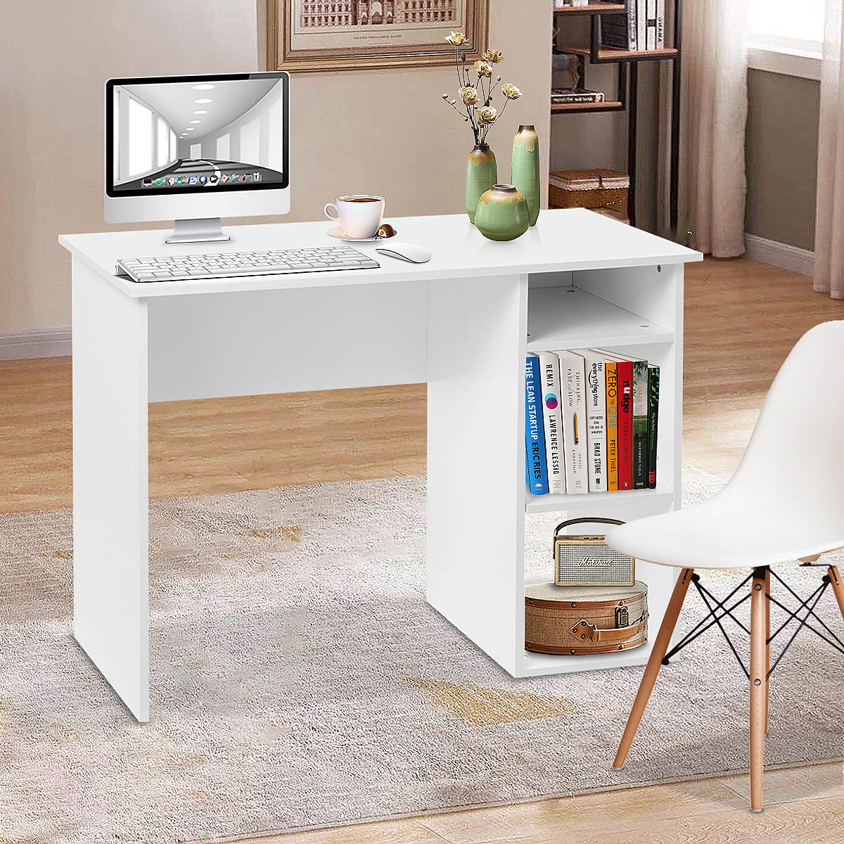 White Home Office Computer Desk Writing Table PC Laptop With Shelves Storage