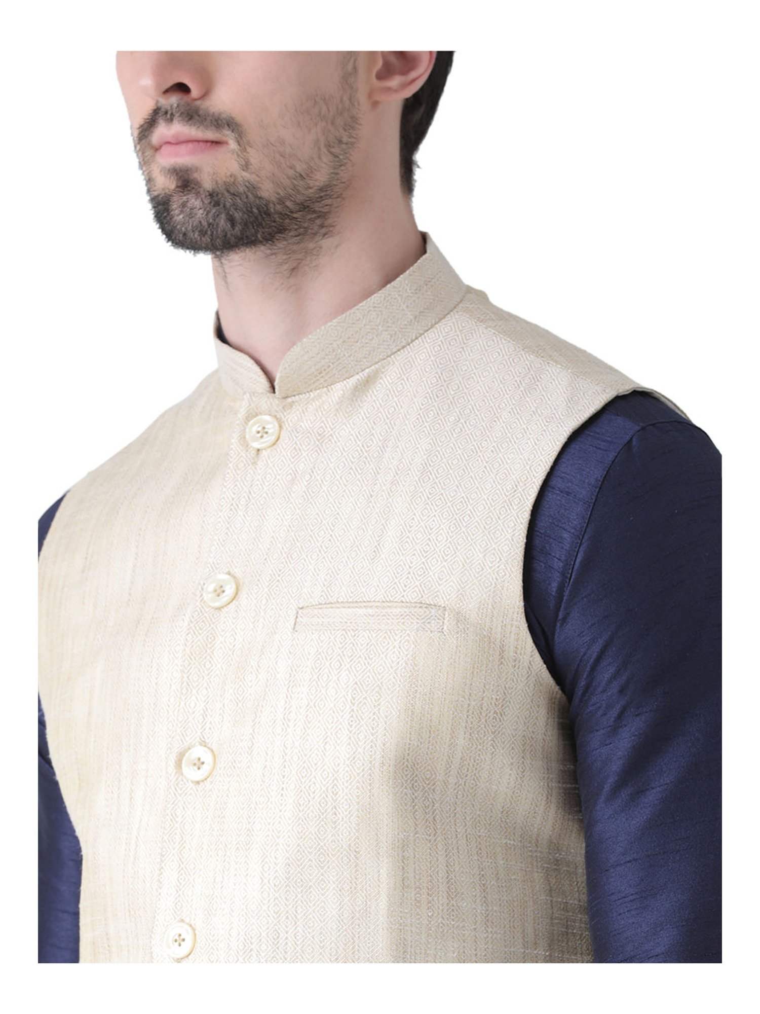 Deyann Off White & Navy Silk Suit