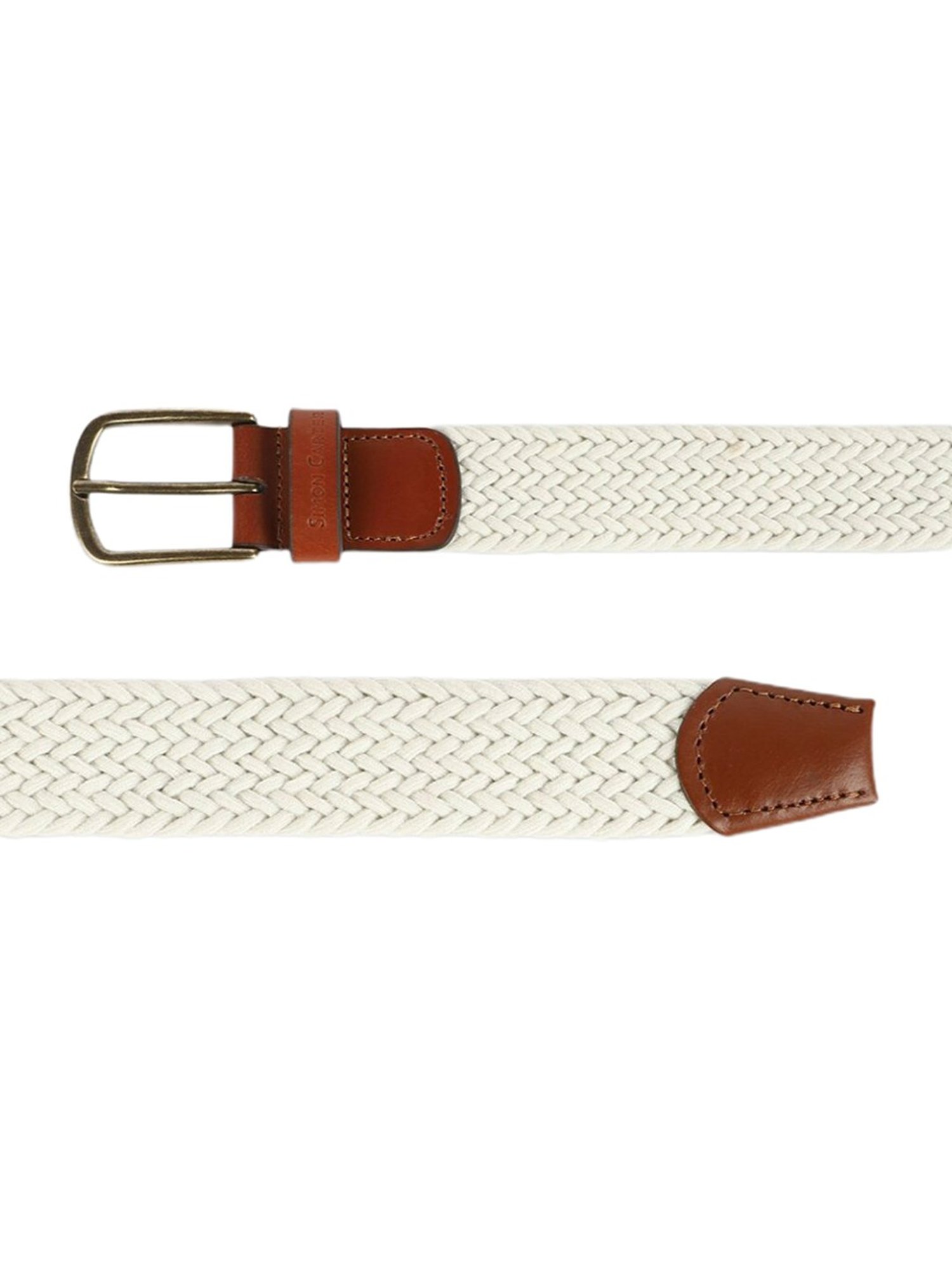Simon Carter White Leather Woven Casual Belt for Men