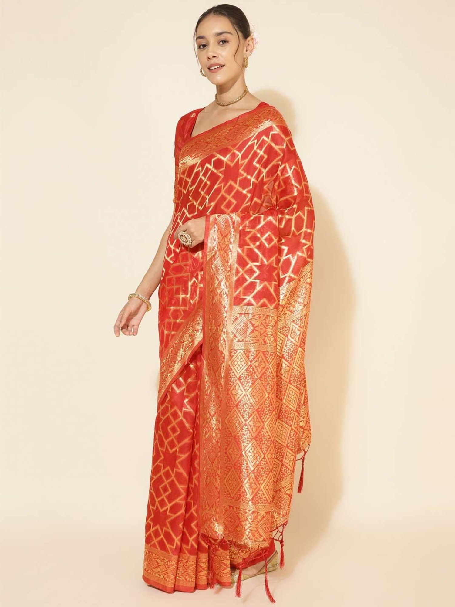 Janasya Red Silk Woven Saree With Unstitched Blouse