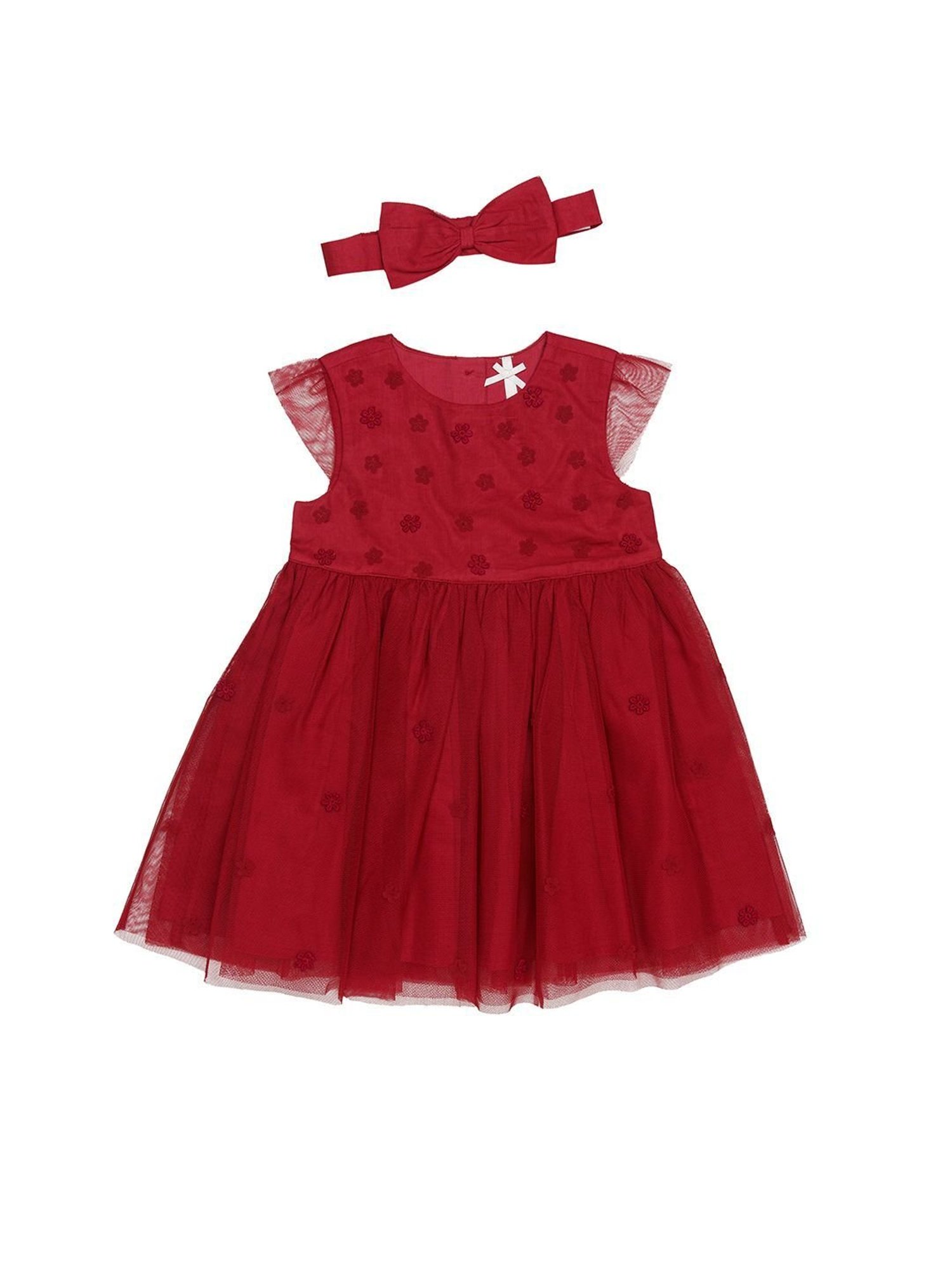 H by Hamleys Kids Maroon Self Design Dress with Headband