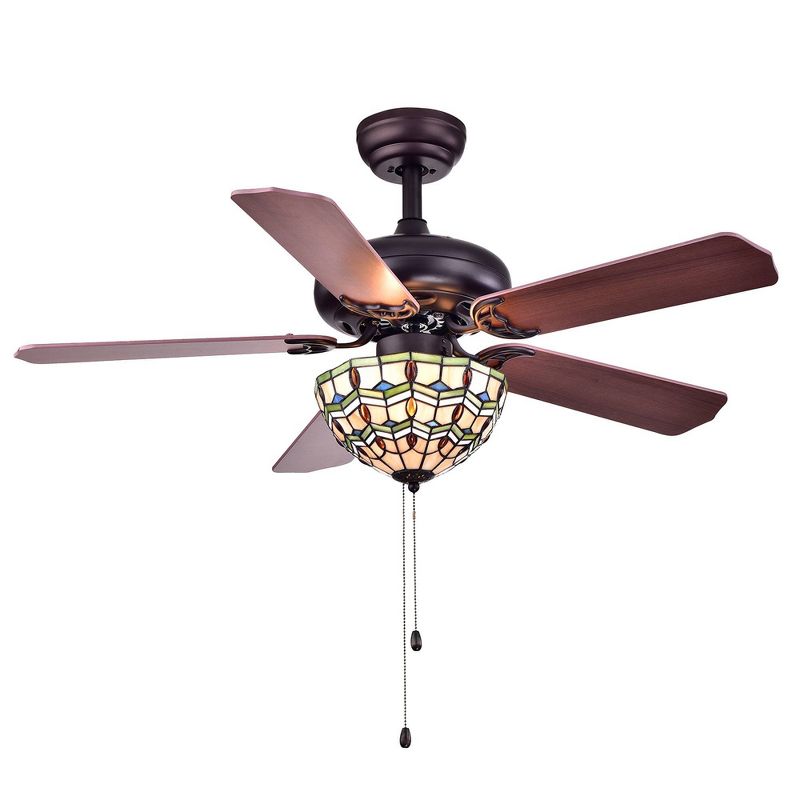 42" x 42" x 20" Doretta Tiffany Bowl 3 Light, 5 Blade Ceiling Fan Black/Amber - Warehouse of Tiffany