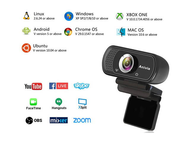 Anivia 1080p HD Webcam W8, USB Desktop Laptop Camera, Mini Plug and Play Video Calling Computer Camera, Built-in Mic, Flexible Rotatable Clip