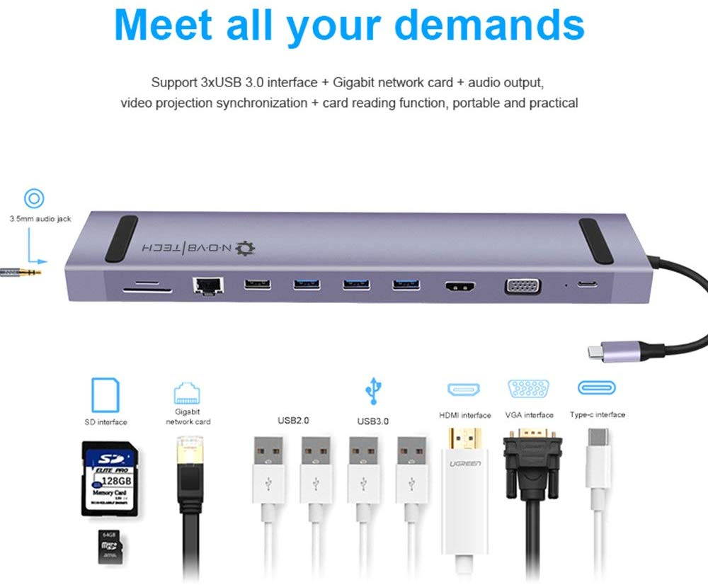 NOV8Tech USB C Hub Laptop Dock Stand 11-in-1 Ethernet 3.5mm Audio, SD/Micro SD 3X USB 3.0 1x USB 2.0 HDMI VGA & 100W PD USB C 3.1 (11in1 Dock for All USB C Devices - Space Gray)