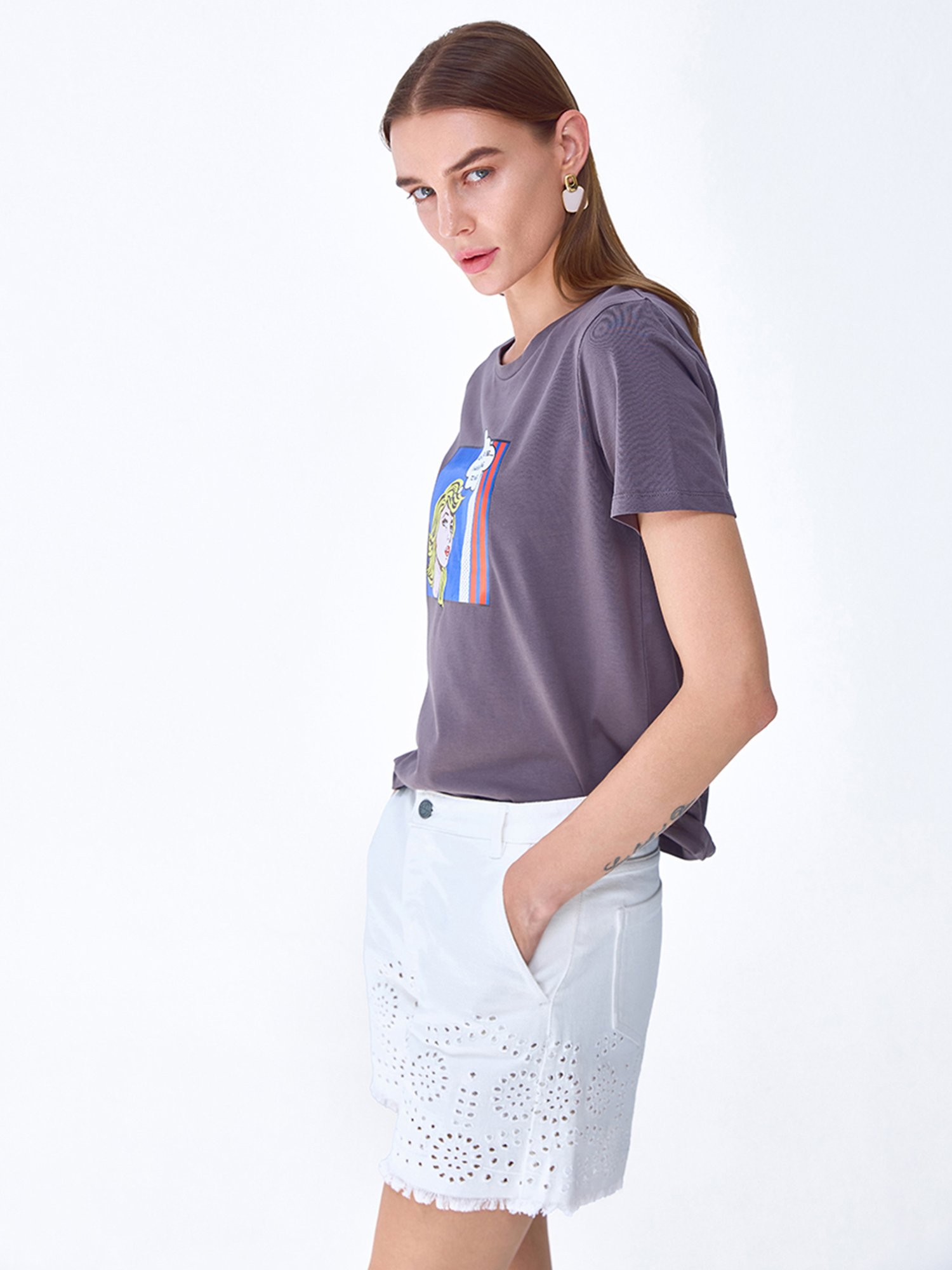Cover Story Grey Cotton Printed T-Shirt