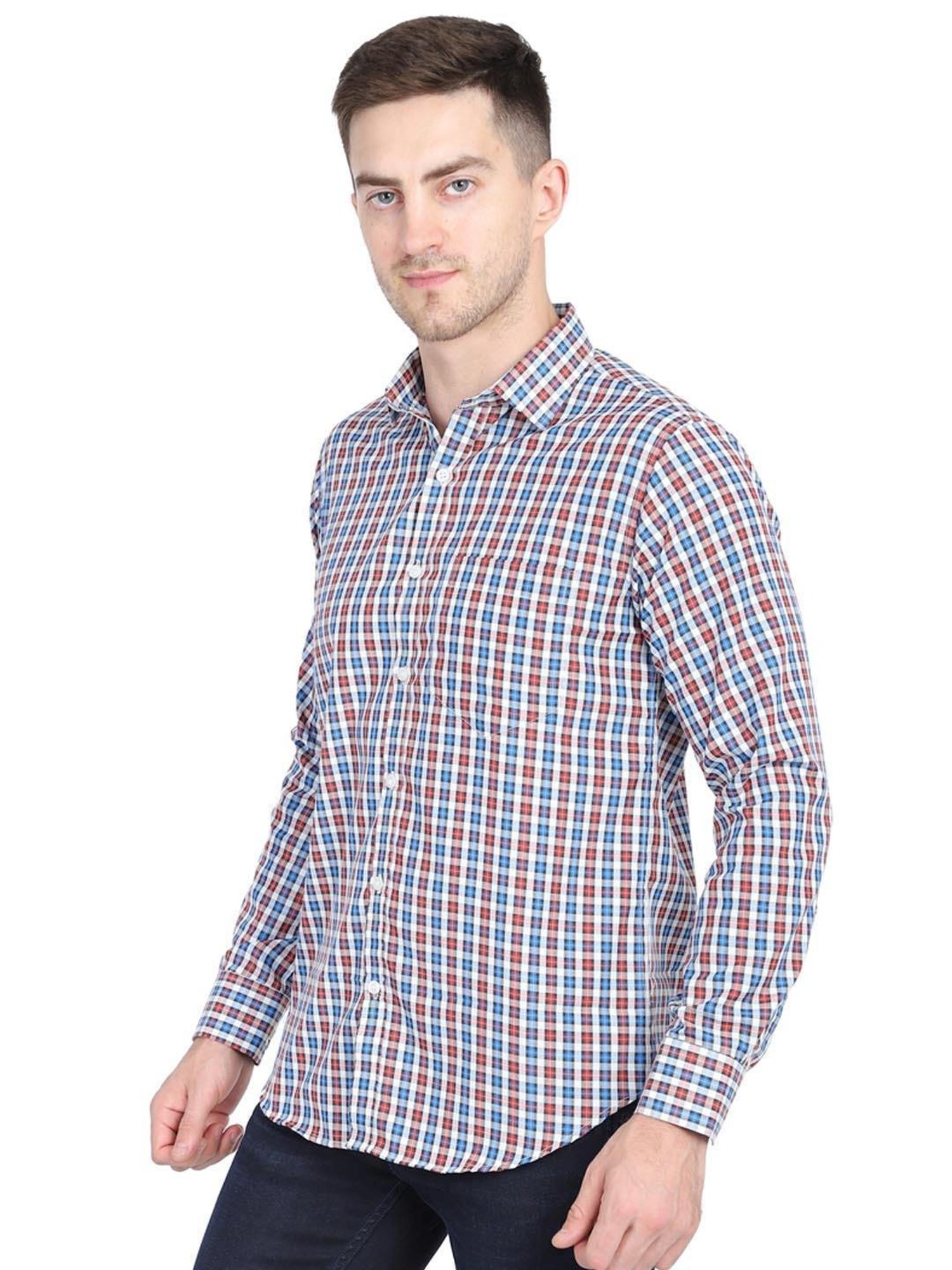 TAHVO Blue Cotton Slim Fit Checks Shirt