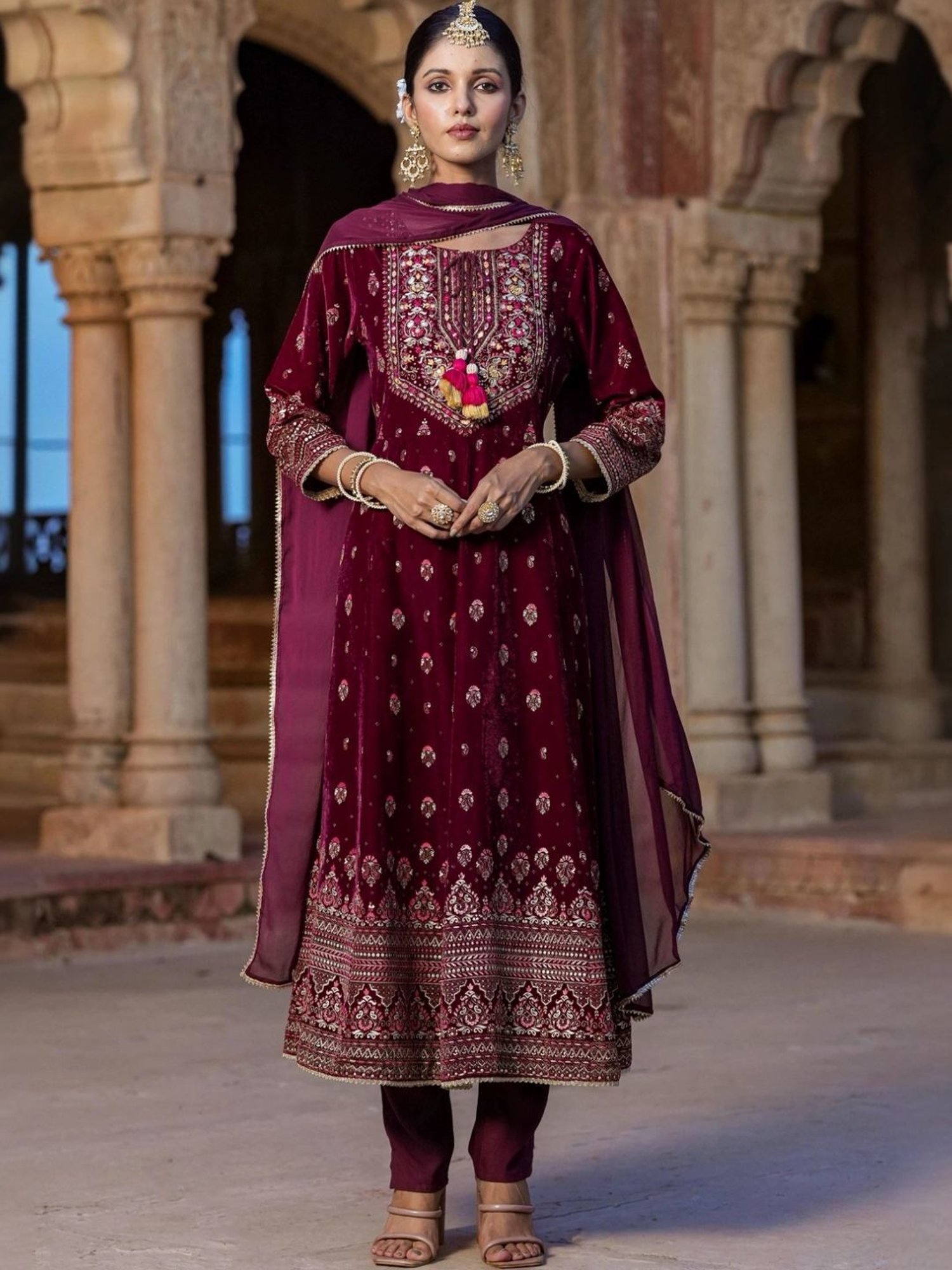 Scakhi Maroon Velvet Foil Printed Anarkali Suit Set Kurta With Pant And Dupatta