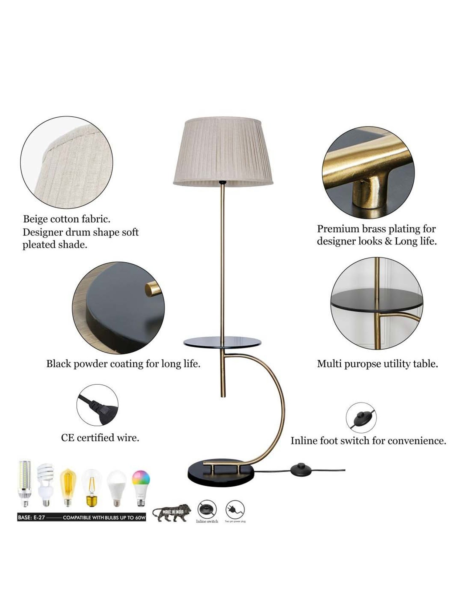 Kapoor E Illuminations Jigger Brass & Black Metal Multiutility Shelf Floor Lamp
