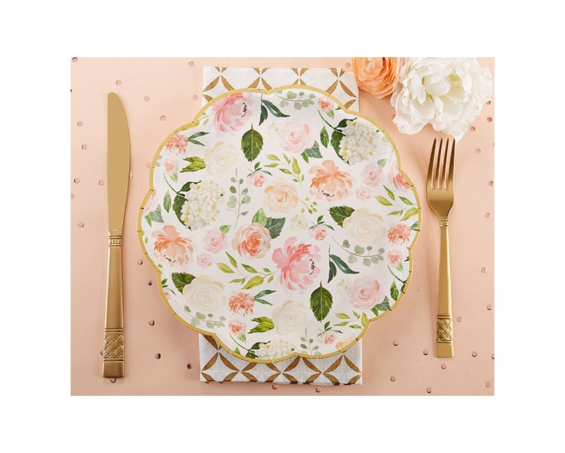 Set Of 24 Floral Premium Paper Plates Cream