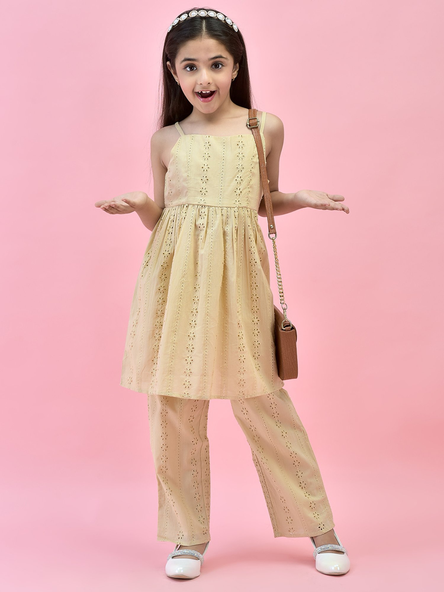 Juniper Girls Beige Self Design Kurta With Pants