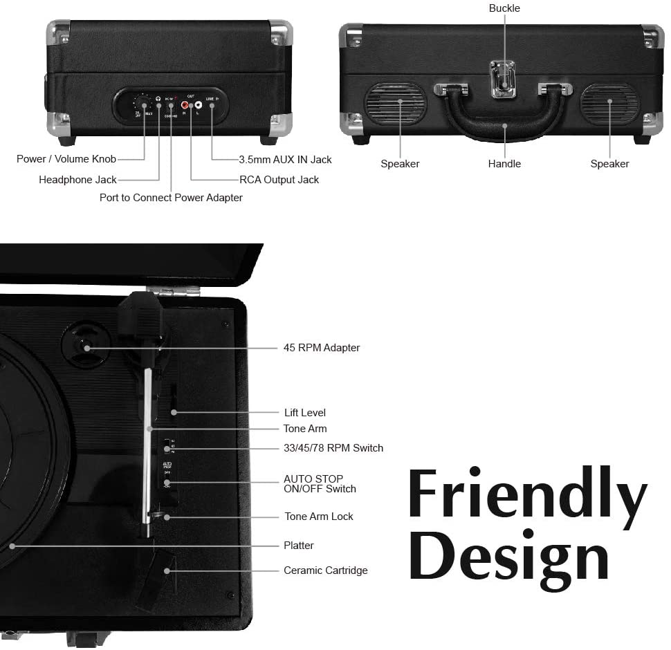 LP&No.1 Portable Suitcase Turntable with Stereo Speaker,3 Speeds Belt-Drive Vinyl Record Player Blue