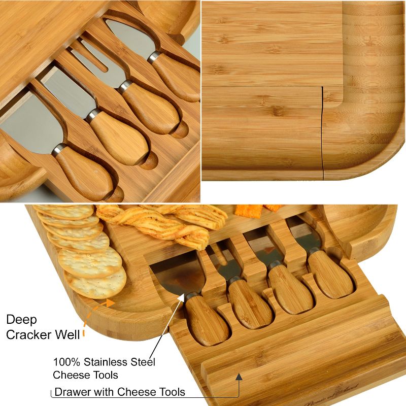Picnic at Ascot - Bamboo Cheese Board with Cracker Groove & Integrated Drawer w/Cheese Serving Set & Markers