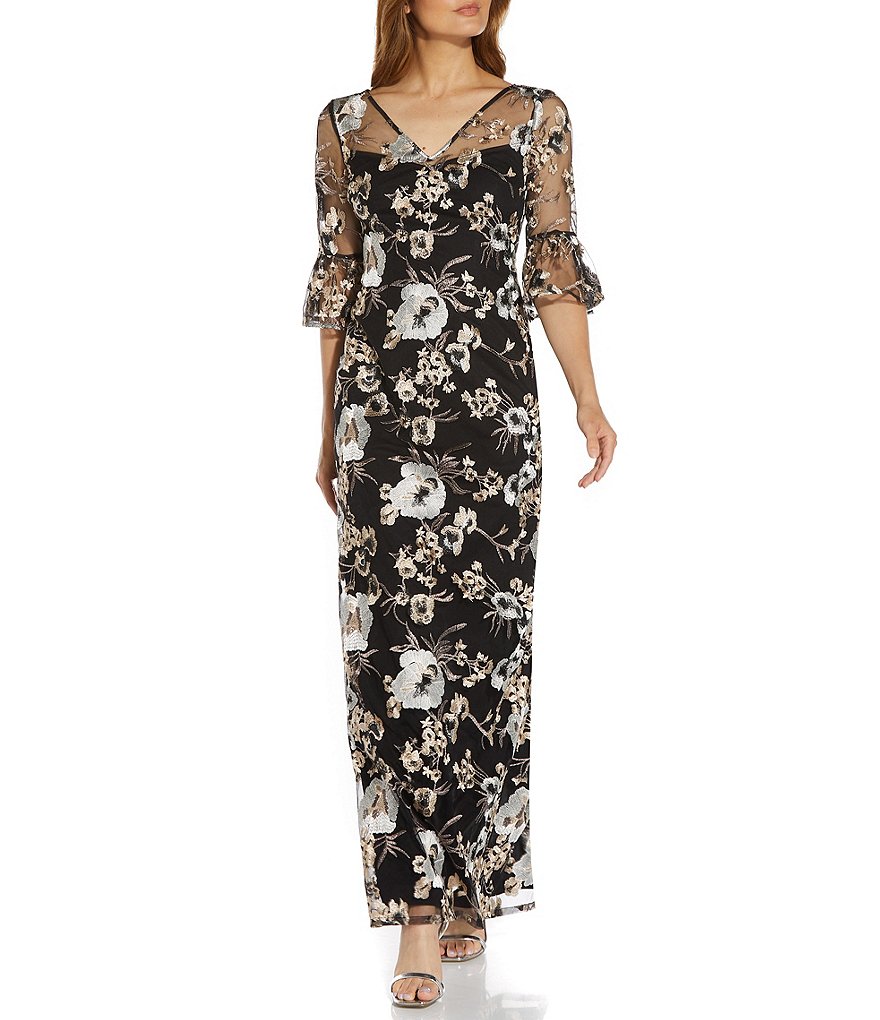 Adrianna Papell Floral Embroidered V-Neck Elbow Bell Sleeve Gown