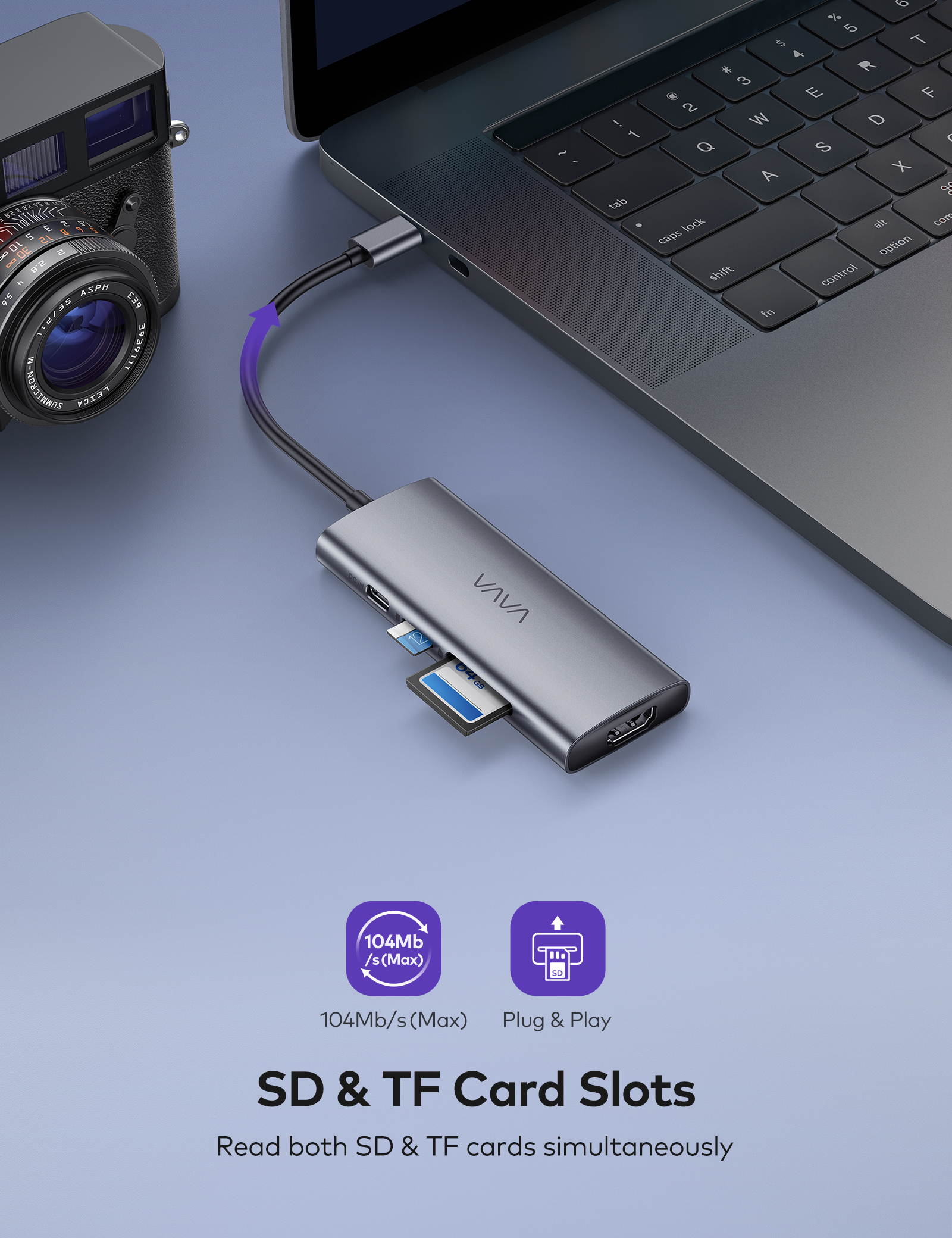 VAVA USB C Hub, 7-in-1 USB C Adapter with 100W Power Delivery Charging Port, 4K USB C to HDMI Port, 3 USB 3.0 Ports, SD/TF Cards Reader for MacBook/Pro/Air/Chromebook/iPad Pro/Type C Windows Laptops