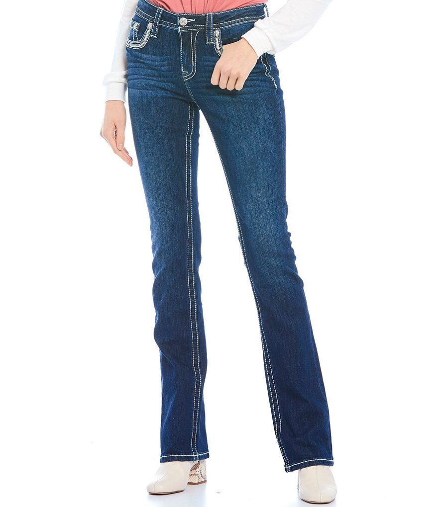 Miss Me Cross Trim Flap Pocket Slim Bootcut Jeans