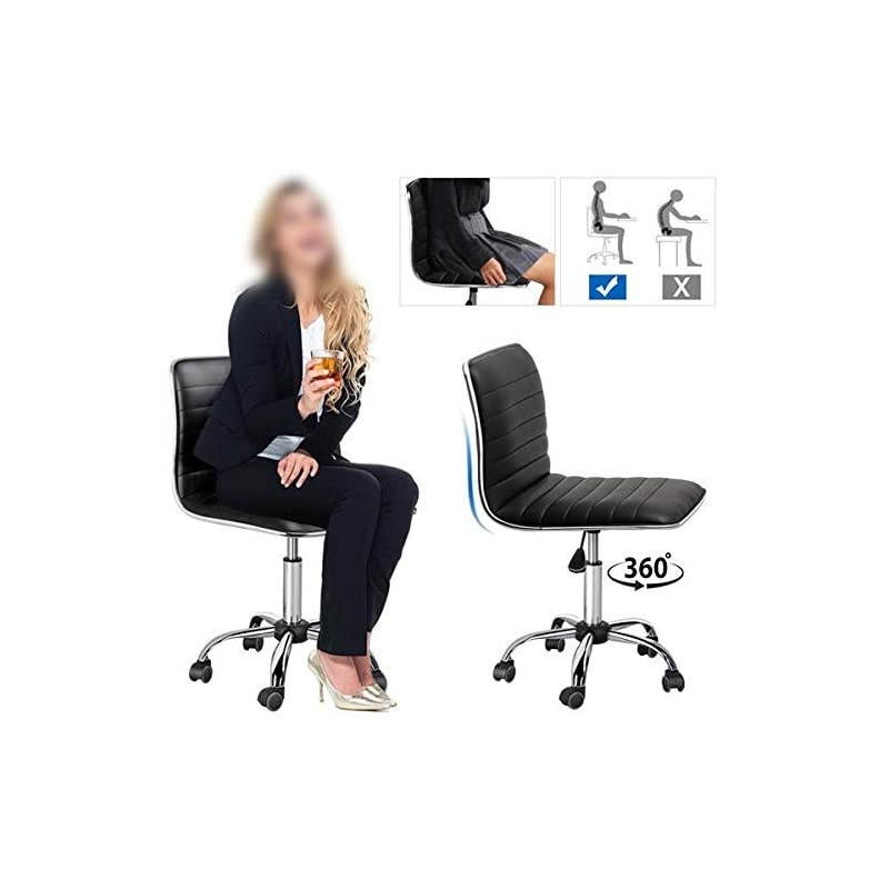 Adjustable Task Chair PU Leather Low Back Ribbed Armless Swivel Black Desk Chair Office Chair Wheels Set of 2, Black