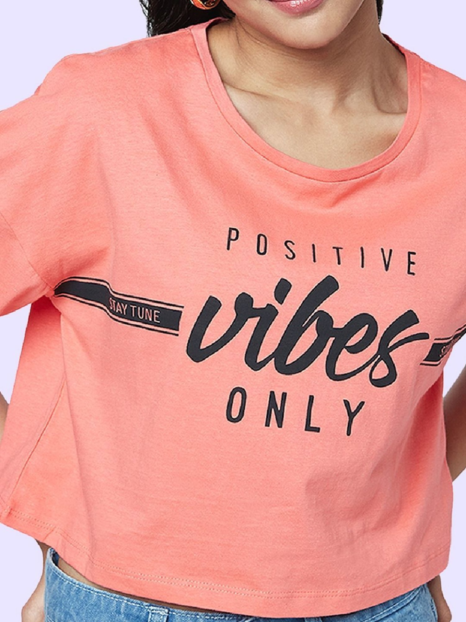 YU by Pantaloons Peach Cotton Graphic Print Top