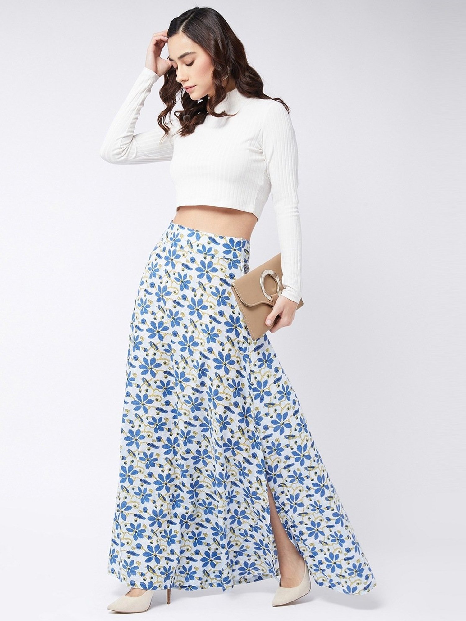 Inweave Blue & White Cotton Printed A-Line Skirt