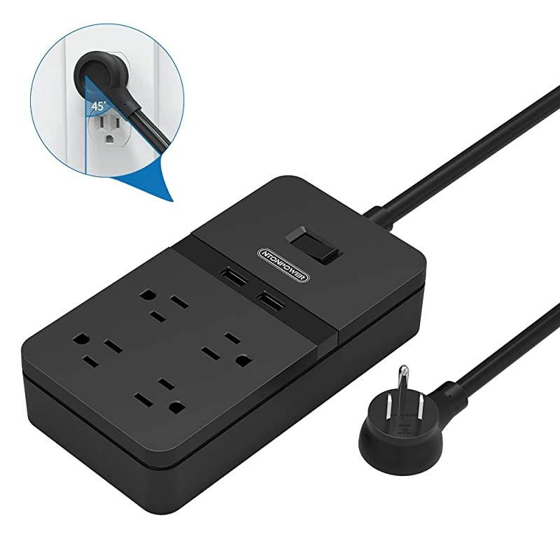 Flat Plug Power Strip with USB  Mountable Surge Protector Power Strip 4 Outlet 2 USB Desktop Charging Station 5ft Extension Cord ETL Listed 15A Circuit Breaker for Home Office Black