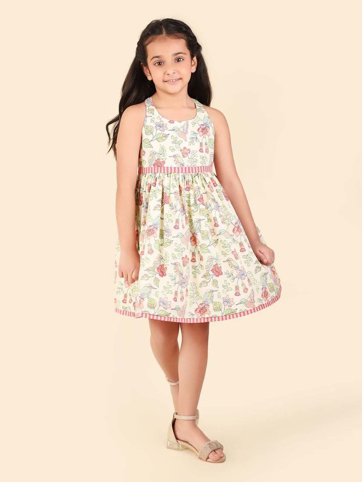 Fabindia Kids Off White Cotton Printed Dress