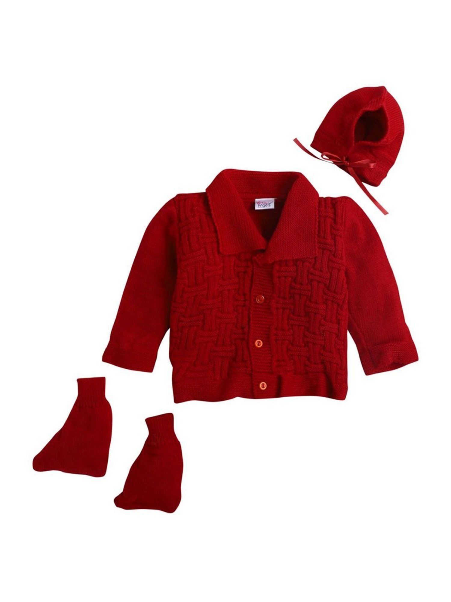 Little Angels Kids Red Textured Pattern Full Sleeves Sweater Set
