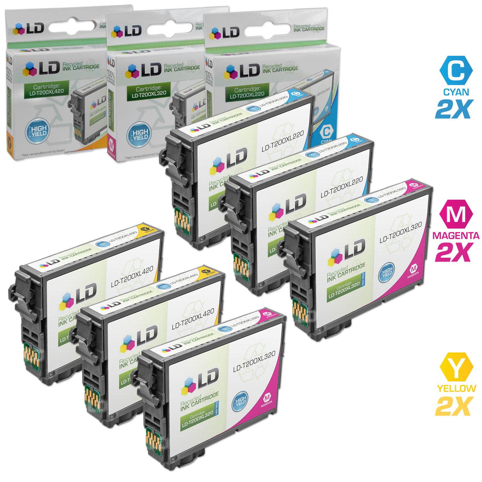 LD&copy; Compatible Epson T200XL / T200 Set of 6 HY Ink Cartridges: 2 T200XL220 Cyan, 2 T200XL320 Magenta & 2 T200XL420 Yellow for XP-200, XP300, XP-310, XP-400, XP-410 & WF-2520, WF-2530, WF-2540
