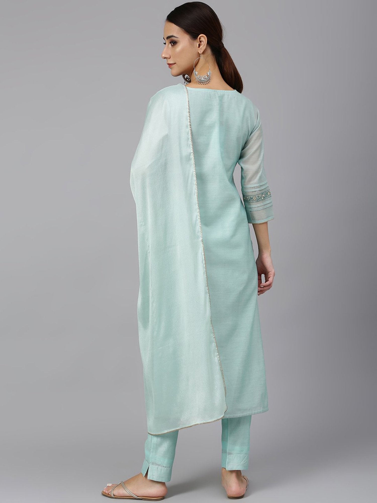 Janasya Sea Blue Embroidered Kurta Pant Set With Dupatta