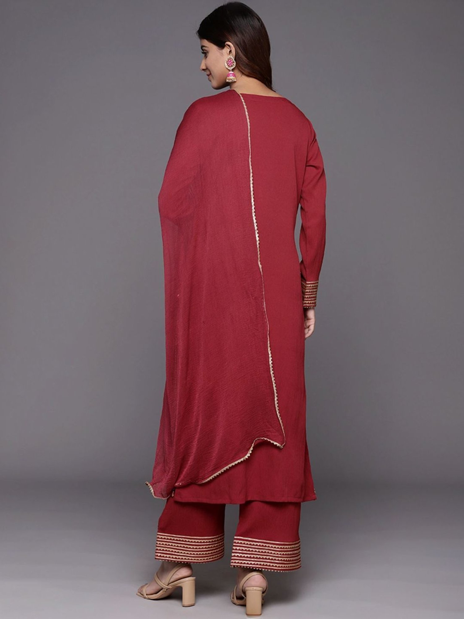 Varanga Maroon Embellished Kurta Palazzo Set With Dupatta
