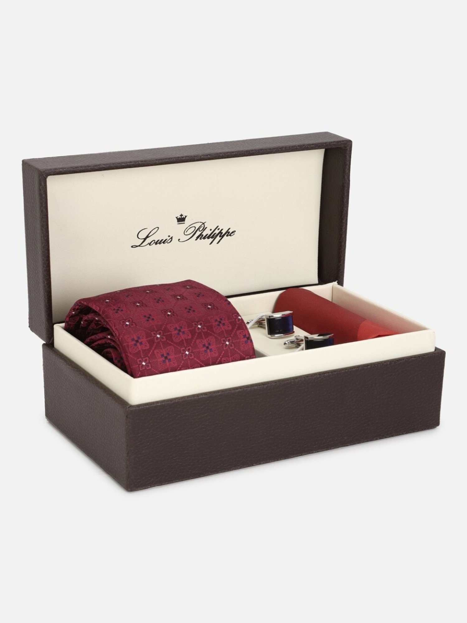 Louis Philippe Maroon Embroidered Tie with Pocket Square & Cufflinks
