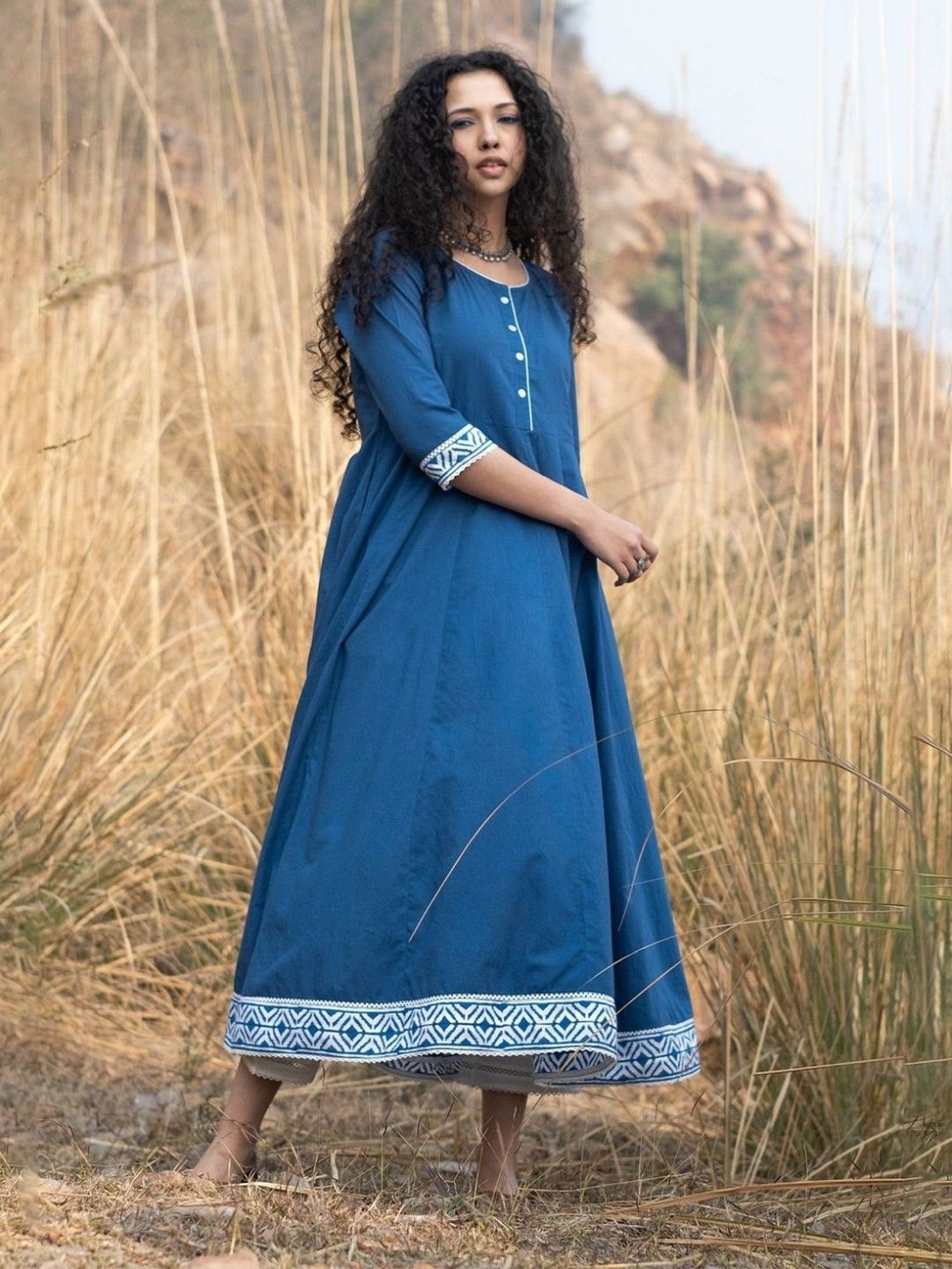 Akiso Neela Solid Indigo Anarkali Kurta With Block Print Border And Lace Details