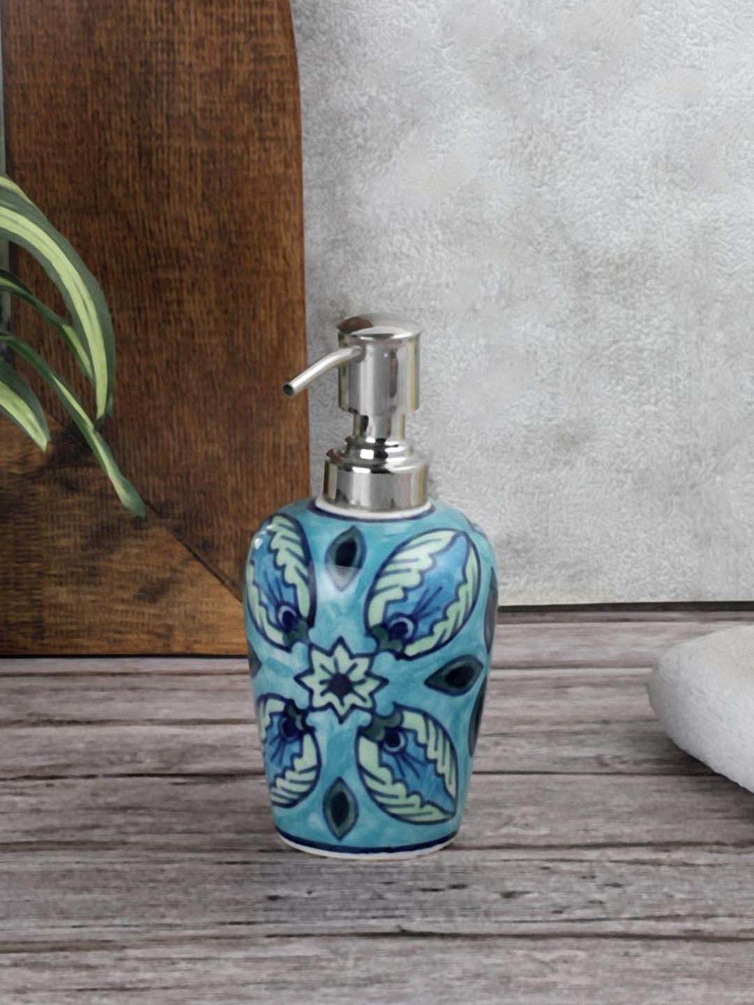 VarEesha Vrinda Teal Blue Ceramic Taper Soap Dispenser (0.3 L)