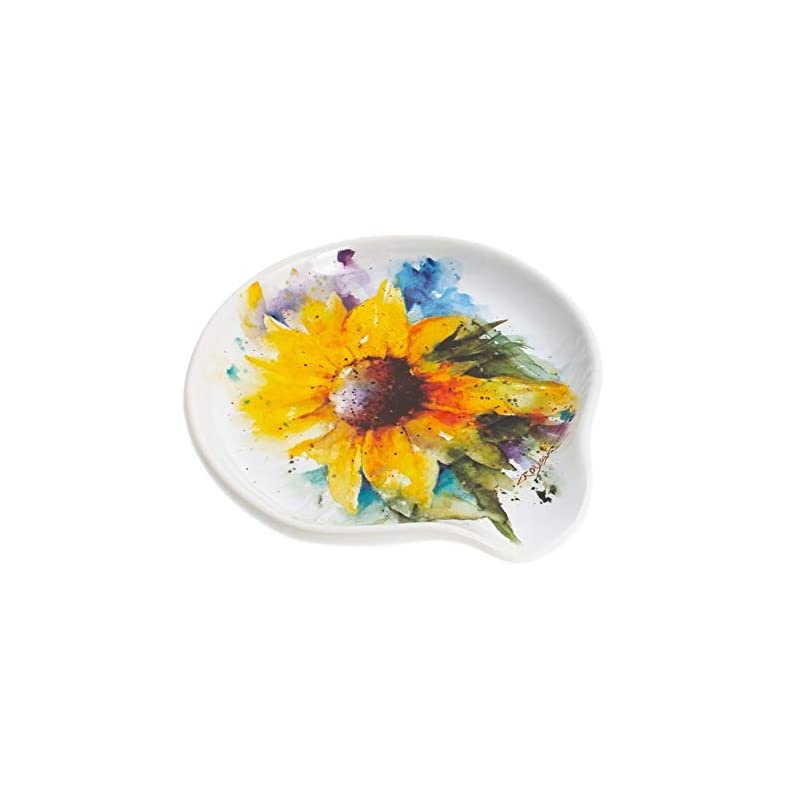 Sunflower Watercolor Yellow On White 5 x 5 Glossy Stoneware Spoon Rest