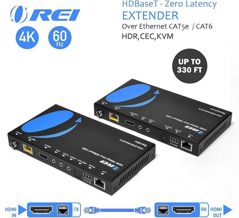 4K HDMI Extender Balun by OREI - HDBaseT UltraHD 4K @ 60Hz 4:4:4 Over Single CAT5e/6/7 Cable with HDR, KVM, CEC, ARC & IR Support, RS-232 - Up to 330 Ft - Audio Out - Power Over Cable - Audio Out