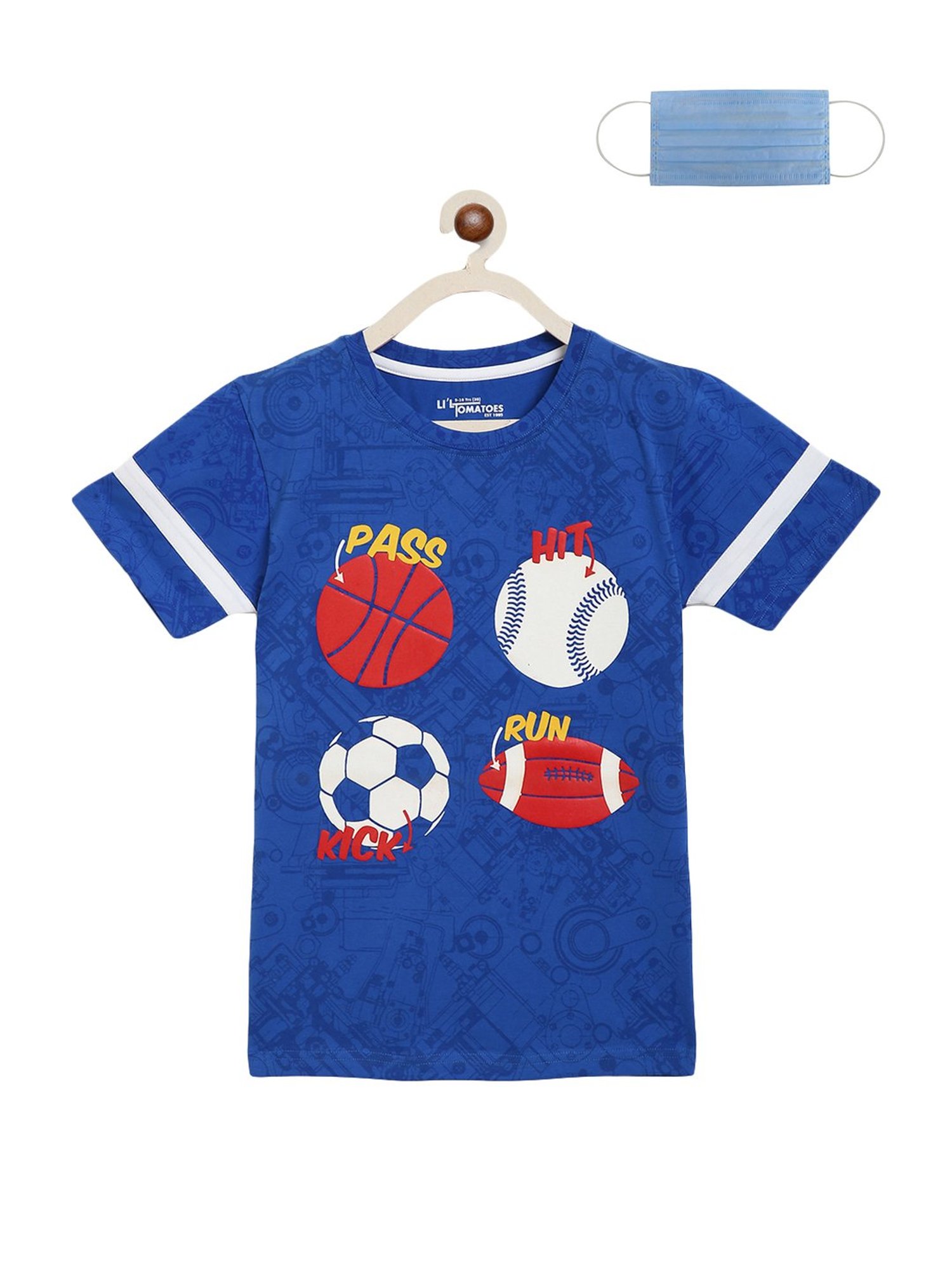 Li'l Tomatoes Kids Royal Blue Cotton Printed T-Shirt & Mask