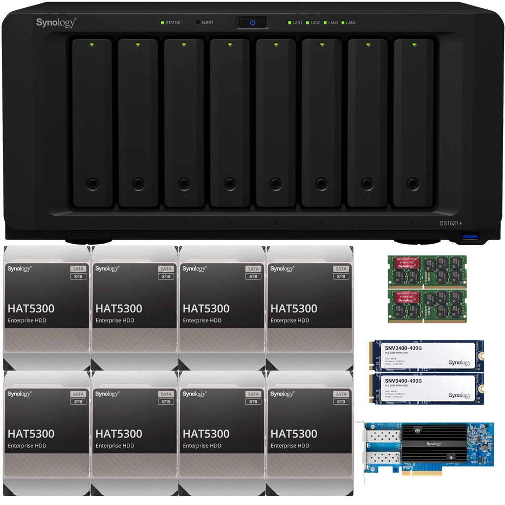Synology DS1821+ DiskStation with 32GB RAM, 800GB (2x400GB) Cache, an E25G21-F2 25GbE Card and 128TB (8 x 16TB) of Synology Enterprise HAT5300 Drives Fully Assembled and Tested By CustomTechSales