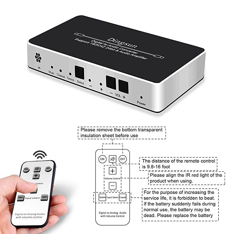 to RCA Digital to Analog Audio Converter to Analog Converter with Remote DAC Converter Support 192KHz24bit with IR Remote Control Cable and Power Adapter Silver