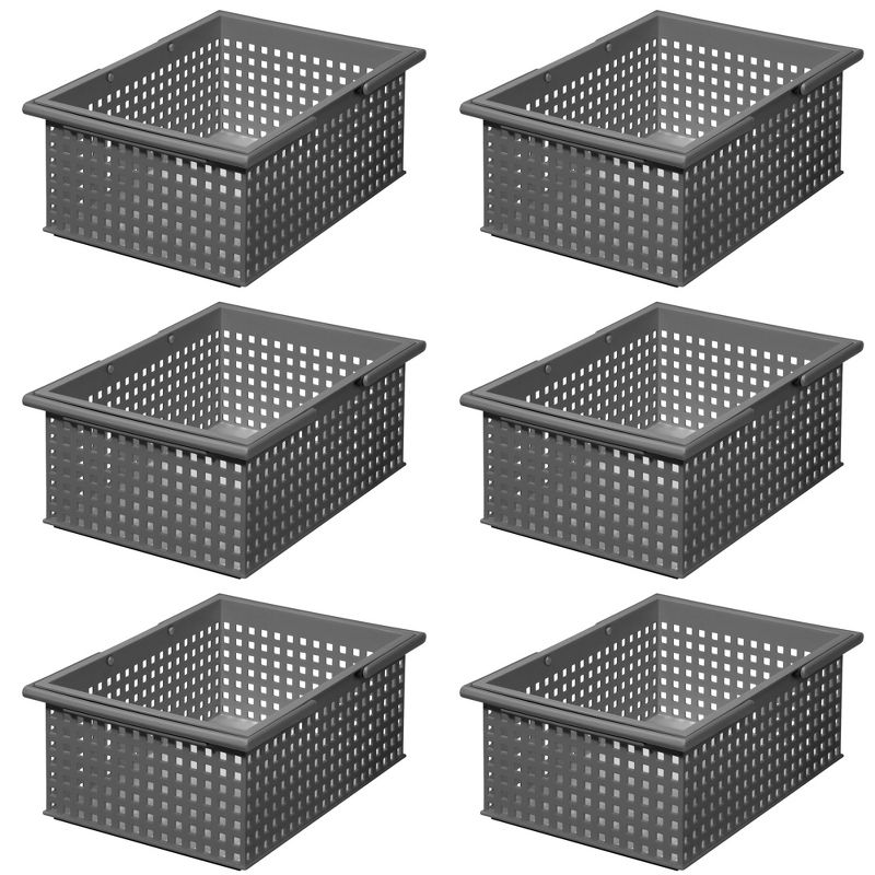 Like-It Versatile Stacking Plastic Home Bathroom Storage Solution Organizer Slotted Basket Tote, Gray (6 Pack)
