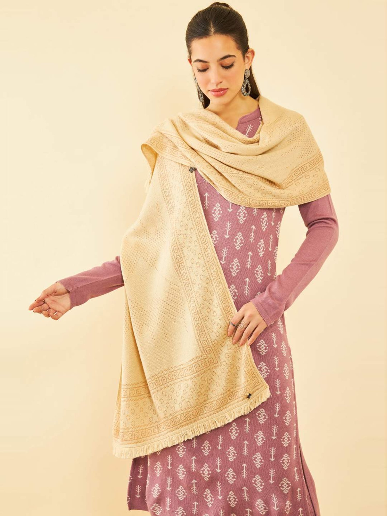Soch Cream Woven Pattern Shawl