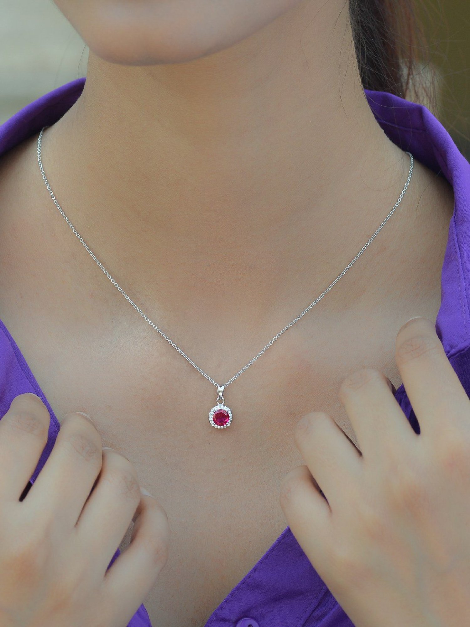 925 Silver Red Ruby and American Diamond Halo Pendant with 18-inch Chain for Women & Girls