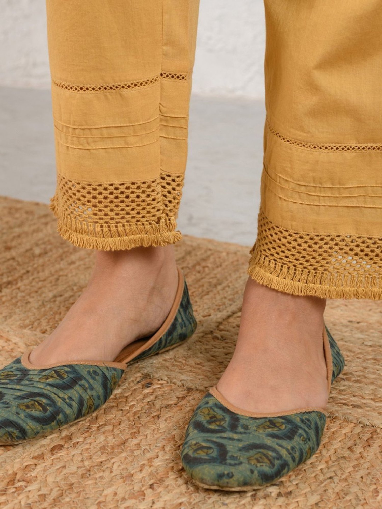 Prakriti Jaipur Mustard Pintucked Lace Pants
