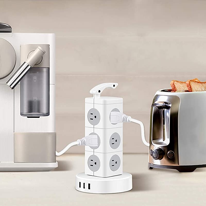 Power Strip Tower Surge Protector, 12 AC Outlets 3 Ports Electric Charging Station with 6.6 ft Extension Cord, 3000W 13A Desktop Power Strip with Handle, Circuit Breaker Safeguard Home Office